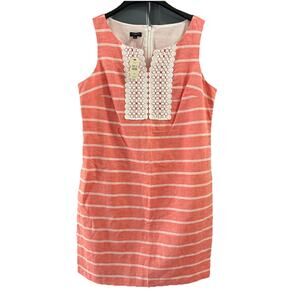 Talbots Dress Women 12p Shift Orange Linen Blend Crochet Pockets Stripe Career